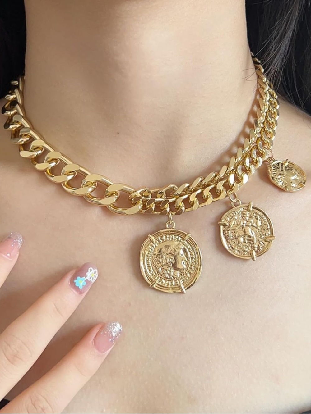Chunky Gold Coin Charm Statement Necklace | Layered Cuban Link Chain | Vintage